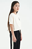 Ekru Ön Arka Baskılı O Yaka Düşük Omuz Oversize Kısa Kollu Kız Çocuk T-Shirt - 75126 | 12-13 Yaş