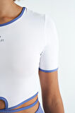 Beyaz Bel Bağlama Detaylı O Yaka Standart Kalıp Dalgıç Kumaş Kadın Crop T-Shirt - 97266 | S