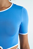 Saks Bel Bağlama Detaylı O Yaka Standart Kalıp Dalgıç Kumaş Kadın Crop T-Shirt - 97266 | L