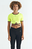 Neon Sarı Bel Bağlama Detaylı O Yaka Standart Kalıp Dalgıç Kumaş Kadın Crop T-Shirt - 97266 | XL