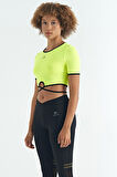 Neon Sarı Bel Bağlama Detaylı O Yaka Standart Kalıp Dalgıç Kumaş Kadın Crop T-Shirt - 97266 | XL