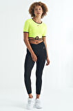 Neon Sarı Bel Bağlama Detaylı O Yaka Standart Kalıp Dalgıç Kumaş Kadın Crop T-Shirt - 97266 | XL