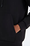 Siyah Kapüşonlu Bağcıklı Baskı Detaylı Rahat Kalıp Erkek Sweatshirt - 88287 | XXL