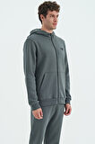Haki Fermuarlı Kapüşonlu Cep Detaylı Şardonlu Rahat Kalıp Erkek Sweatshirt - 88139 | M