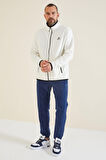 Ekru Yazı Nakışlı Dik Yaka Fermuarlı Standart Kalıp Erkek Sweatshirt Polar - 87992 | M