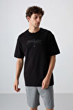 Siyah Pamuklu Kalın Yumuşak Dokulu Oversize Fit Baskılı Erkek T-Shirt - 88320 | XL