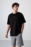 Siyah/Antrasıt Pamuklu Kalın Yumuşak Dokulu Oversize Fit Baskılı Erkek T-Shirt - 88321 | XXL