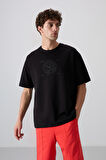 Siyah Pamuklu Kalın Yumuşak Dokulu Oversize Fit Baskılı Erkek T-Shirt - 88324 | L