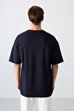 Lacivert Pamuklu Kalın Yumuşak Dokulu Oversize Fit Baskılı Erkek T-Shirt - 88326