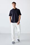 Lacivert Pamuklu Kalın Yumuşak Dokulu Oversize Fit Basic Polo Yaka Erkek T-Shirt - 88327