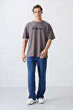 Koyu Gri Pamuklu Kalın Yumuşak Dokulu Oversize Fit Baskılı Erkek T-Shirt - 88334