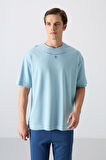 Açık Mavi Pamuklu Kalın Yumuşak Dokulu Oversize Fit Baskılı Erkek T-Shirt - 88343 | S