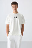 Ekru Pamuklu Kalın Yumuşak Dokulu Oversize Fit Baskılı Erkek T-Shirt - 88342 | XL
