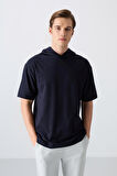 Lacivert Pamuklu Kalın Yumuşak Dokulu Oversize Fit Basic Erkek T-Shirt - 88352 | S