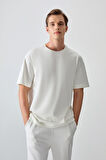 Ekru %100 Pamuk Kalın Yumuşak Dokulu Oversize Fit Basic Erkek T- Shirt - 88353 | XXL