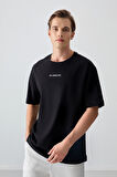 Siyah %100 Pamuk Kalın Yumuşak Dokulu Oversize Fit Baskılı Erkek T- Shirt - 88354 | L
