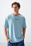Açık Mavi %100 Pamuk Kalın Yumuşak Dokulu Oversize Fit Baskılı Erkek T- Shirt - 88354 | M