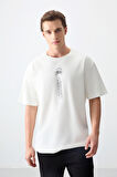 Ekru %100 Pamuk Kalın Yumuşak Dokulu Oversize Fit Baskılı Erkek T- Shirt - 88355 | L