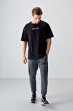 Siyah %100 Pamuk Kalın Yumuşak Dokulu Oversize Fit Baskılı Erkek T- Shirt - 88356 | L