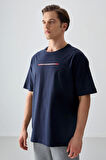 Lacivert %100 Pamuk Kalın Yumuşak Dokulu Oversize Fit Baskılı Erkek T- Shirt - 88358 | L