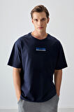 Lacivert %100 Pamuk Kalın Yumuşak Dokulu Oversize Fit Baskılı Erkek T- Shirt - 88359 | L