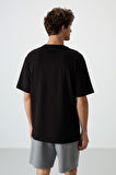 Siyah %100 Pamuk Kalın Yumuşak Dokulu Oversize Fit Baskılı Erkek T-Shirt - 88360