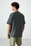 Haki %100 Pamuk Kalın Yumuşak Dokulu Oversize Fit Baskılı Erkek T-Shirt - 88360