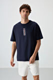 Lacivert %100 Pamuk Kalın Yumuşak Dokulu Oversize Fit Baskılı Erkek T-Shirt - 88360