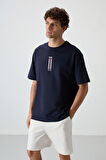 Lacivert %100 Pamuk Kalın Yumuşak Dokulu Oversize Fit Baskılı Erkek T-Shirt - 88360
