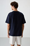 Lacivert %100 Pamuk Kalın Yumuşak Dokulu Oversize Fit Baskılı Erkek T-Shirt - 88360