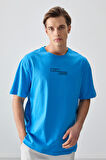 Petrol Mavi %100 Pamuk Kalın Yumuşak Dokulu Oversize Fit Baskılı Erkek T- Shirt - 88361 | L
