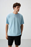 Açık Mavi Pamuklu Kalın Yüzeyi Dokulu Oversize Fit  Baskılı Erkek T-Shirt - 88364