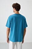 Petrol Mavi Pamuklu Kalın Yüzeyi Dokulu Oversize Fit  Baskılı Erkek T-Shirt - 88364