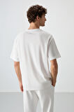 Ekru Pamuklu Kalın Yüzeyi Dokulu Oversize Fit  Baskılı Erkek T-Shirt - 88364
