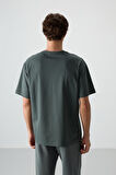 Haki Pamuklu Kalın Yüzeyi Dokulu Oversize Fit  Baskılı Erkek T-Shirt - 88372