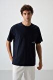 Lacivert Pamuklu Kalın Yüzeyi Dokulu Oversize Fit  Baskılı Erkek T-Shirt - 88370