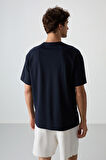 Lacivert Pamuklu Kalın Yüzeyi Dokulu Oversize Fit  Baskılı Erkek T-Shirt - 88370