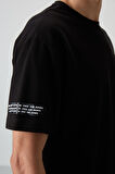 Siyah Pamuklu Kalın Yüzeyi Dokulu Oversize Fit  Baskılı Erkek T-Shirt - 88369