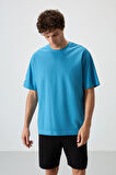 Petrol Mavi Pamuklu Kalın Yüzeyi Dokulu Oversize Fit  Baskılı Erkek T-Shirt - 88369