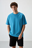 Petrol Mavi Pamuklu Kalın Yüzeyi Dokulu Oversize Fit  Baskılı Erkek T-Shirt - 88369