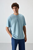 Açık Mavi Pamuklu Kalın Yüzeyi Dokulu Oversize Fit  Baskılı Erkek T-Shirt - 88368