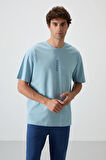 Açık Mavi Pamuklu Kalın Yüzeyi Dokulu Oversize Fit  Baskılı Erkek T-Shirt - 88368