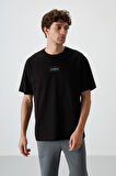 Siyah Pamuklu Kalın Yüzeyi Dokulu Oversize Fit  Baskılı Erkek T-Shirt - 88367