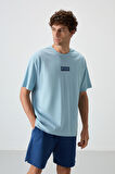 Açık Mavi Pamuklu Kalın Yüzeyi Dokulu Oversize Fit  Baskılı Erkek T-Shirt - 88367