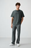 Haki Pamuklu Kalın Yüzeyi Dokulu Oversize Fit  Baskılı Erkek T-Shirt - 88365