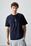 Lacivert Pamuklu Kalın Yumuşak Dokulu Oversize Fit Baskılı Erkek T-Shirt - 88373