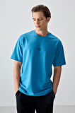 Petrol Mavi Pamuklu Kalın Yumuşak Dokulu Oversize Fit Baskılı Erkek T-Shirt - 88373