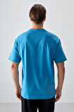 Petrol Mavi Pamuklu Kalın Yumuşak Dokulu Oversize Fit Baskılı Erkek T-Shirt - 88373