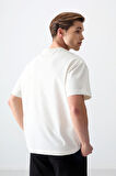 Ekru Pamuklu Kalın Yumuşak Dokulu Oversize Fit Baskılı Erkek T-Shirt - 88374