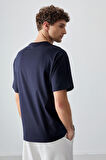 Lacivert Pamuklu Kalın Yumuşak Dokulu Oversize Fit Baskılı Erkek T-Shirt - 88375